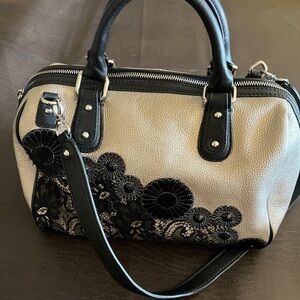 Frosting by Mary Norton Gold Leather Satchel Handbag with Floral Lace Appliqué